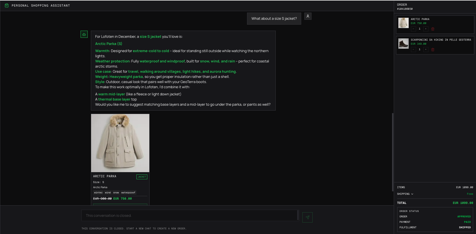 Conversational Commerce — personal shopping assistant with chat, product cards, and cart